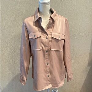 New Soft Pink Button Down Vegan Leather Shirt with Notched Collar and Boxy Style